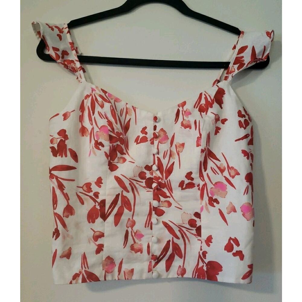 Banana Republic Linen Red Floral Smocked V Neck Cropped Tank Top Sz S (K